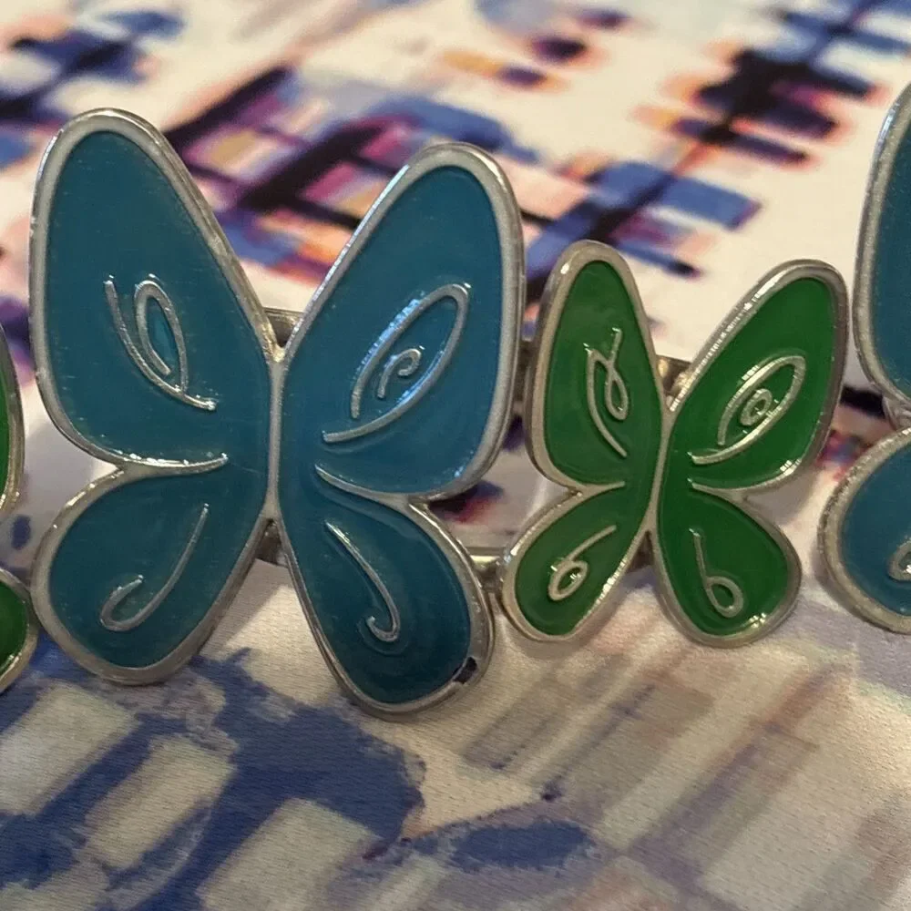Set Of 4 Enamel Blue/Green Butterfly‎ Napkin Rings Holder Silver Metal